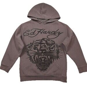 Ed Hardy Kids Hoodie Retro Tiger Velvet Graphic Gray Y2K Streetwear Youth Small